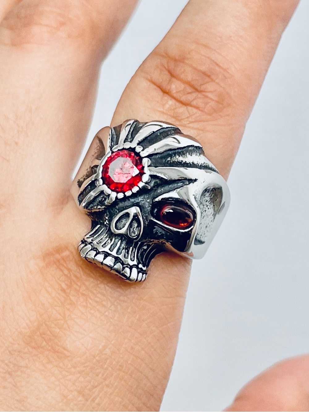 Men's Stainless Steel Skull Ring with Red Gem Eyes